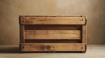 Studio photography of wooden crate box displaying detailed grain texture and cross-braced construction design, isolated on beige background with soft shadows. antique photo