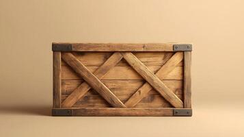 Studio photography of wooden crate box displaying detailed grain texture and cross-braced construction design, isolated on beige background with soft shadows. vintage photo