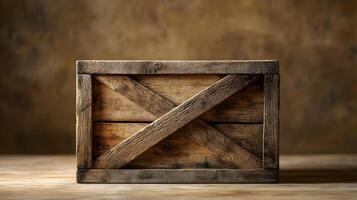 Studio photography of wooden crate box displaying detailed grain texture and cross-braced construction design, isolated on beige background with soft shadows. traditional photo