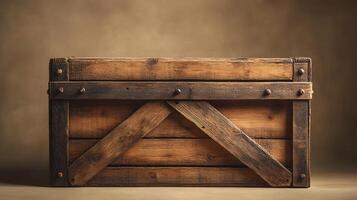 Studio photography of wooden crate box displaying detailed grain texture and cross-braced construction design, isolated on beige background with soft shadows. classic photo