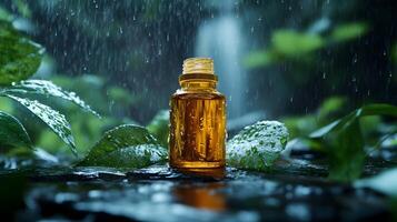 Rain-drenched amber glass essential oil bottle sits on dark stone surface amid lush green leaves, creating moody atmosphere with dramatic lighting and misty background elements. glass photo
