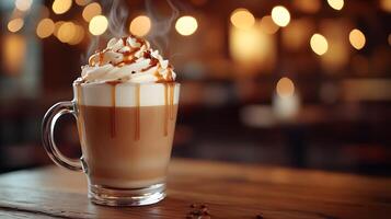 Caramel macchiato topped with whipped cream and drizzling sauce steams in glass mug, set against blurred cafe interior with warm ambient lighting and moody atmosphere. sophisticated photo