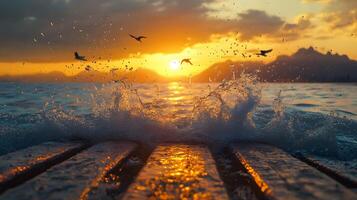 Salmon leaps through ocean waves at sunset near wooden pier, with coastal mountains and seabirds creating dramatic scene in golden hour lighting with water splashes. scenic photo