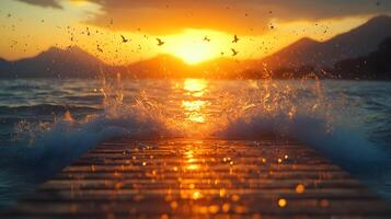 Salmon leaps through ocean waves at sunset near wooden pier, with coastal mountains and seabirds creating dramatic scene in golden hour lighting with water splashes. waves photo