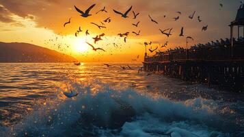 Salmon leaps through ocean waves at sunset near wooden pier, with coastal mountains and seabirds creating dramatic scene in golden hour lighting with water splashes. golden photo