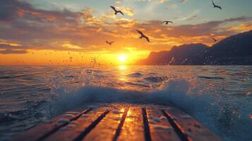 Salmon leaps through ocean waves at sunset near wooden pier, with coastal mountains and seabirds creating dramatic scene in golden hour lighting with water splashes. dramatic photo