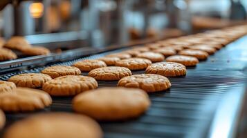 Production line showcases freshly baked golden-brown butter cookies moving along conveyor belt, highlighting industrial bakery process with professional equipment in warm-lit factory setting. commerc photo