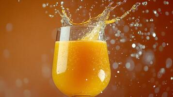 Left-aligned wine glass captures splashing orange juice in dynamic motion, set against vibrant orange backdrop, featuring crystal clarity and refreshing liquid movement effects. motion photo