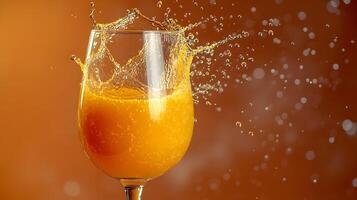 Left-aligned wine glass captures splashing orange juice in dynamic motion, set against vibrant orange backdrop, featuring crystal clarity and refreshing liquid movement effects. vibrant photo