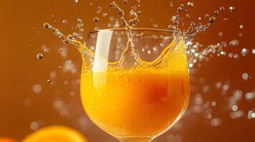 Left-aligned wine glass captures splashing orange juice in dynamic motion, set against vibrant orange backdrop, featuring crystal clarity and refreshing liquid movement effects. crystal photo