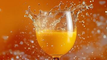 Left-aligned wine glass captures splashing orange juice in dynamic motion, set against vibrant orange backdrop, featuring crystal clarity and refreshing liquid movement effects. refreshing photo
