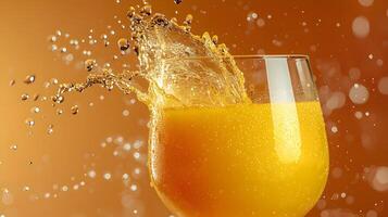 Left-aligned wine glass captures splashing orange juice in dynamic motion, set against vibrant orange backdrop, featuring crystal clarity and refreshing liquid movement effects. dynamic photo