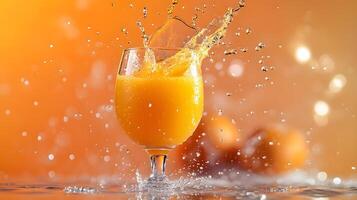 Left-aligned wine glass captures splashing orange juice in dynamic motion, set against vibrant orange backdrop, featuring crystal clarity and refreshing liquid movement effects. fresh photo