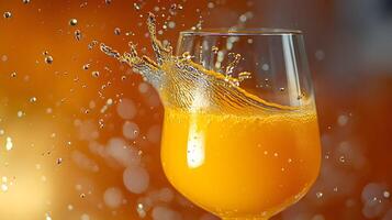 Left-aligned wine glass captures splashing orange juice in dynamic motion, set against vibrant orange backdrop, featuring crystal clarity and refreshing liquid movement effects. beverage photo