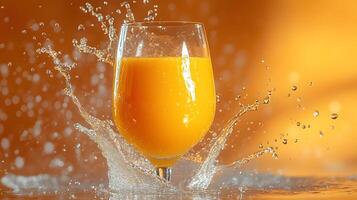 Left-aligned wine glass captures splashing orange juice in dynamic motion, set against vibrant orange backdrop, featuring crystal clarity and refreshing liquid movement effects. drink photo