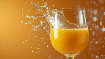 Left-aligned wine glass captures splashing orange juice in dynamic motion, set against vibrant orange backdrop, featuring crystal clarity and refreshing liquid movement effects. transparent photo