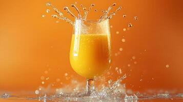 Left-aligned wine glass captures splashing orange juice in dynamic motion, set against vibrant orange backdrop, featuring crystal clarity and refreshing liquid movement effects. citrus photo