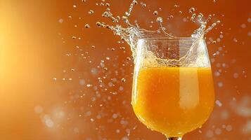 Left-aligned wine glass captures splashing orange juice in dynamic motion, set against vibrant orange backdrop, featuring crystal clarity and refreshing liquid movement effects. backlit photo