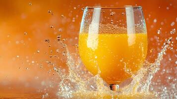 Left-aligned wine glass captures splashing orange juice in dynamic motion, set against vibrant orange backdrop, featuring crystal clarity and refreshing liquid movement effects. minimal photo