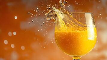 Left-aligned wine glass captures splashing orange juice in dynamic motion, set against vibrant orange backdrop, featuring crystal clarity and refreshing liquid movement effects. clear photo