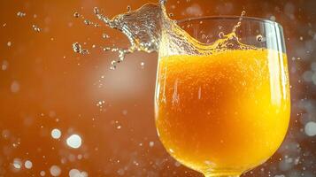 Left-aligned wine glass captures splashing orange juice in dynamic motion, set against vibrant orange backdrop, featuring crystal clarity and refreshing liquid movement effects. pure photo