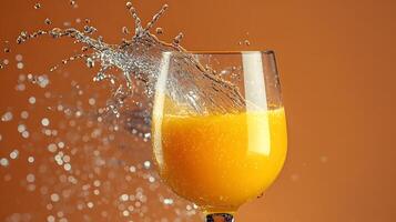 Left-aligned wine glass captures splashing orange juice in dynamic motion, set against vibrant orange backdrop, featuring crystal clarity and refreshing liquid movement effects. flowing photo