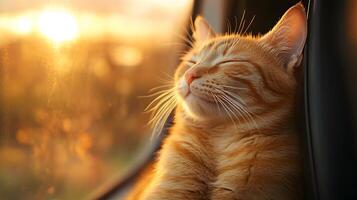 Ginger tabby cat smiles contentedly in car window during sunset, capturing serene moment with golden hour lighting against blurred natural background. golden photo