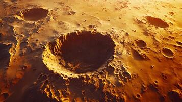 Martian surface reveals aerial view of craters and rocky terrain, featuring reddish-orange desert landscape with detailed geological features and dusty atmosphere. weathered photo