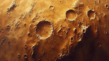 Martian surface reveals aerial view of craters and rocky terrain, featuring reddish-orange desert landscape with detailed geological features and dusty atmosphere. dusty photo