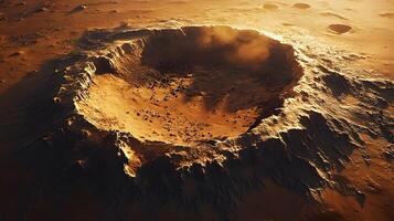 Martian surface reveals aerial view of craters and rocky terrain, featuring reddish-orange desert landscape with detailed geological features and dusty atmosphere. eroded photo