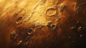 Martian surface reveals aerial view of craters and rocky terrain, featuring reddish-orange desert landscape with detailed geological features and dusty atmosphere. remote photo