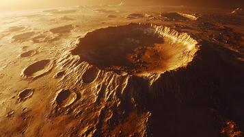 Martian surface reveals aerial view of craters and rocky terrain, featuring reddish-orange desert landscape with detailed geological features and dusty atmosphere. craters photo