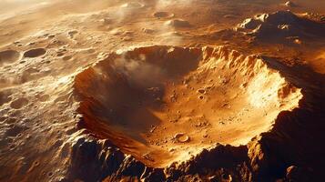 Martian surface reveals aerial view of craters and rocky terrain, featuring reddish-orange desert landscape with detailed geological features and dusty atmosphere. rocky photo