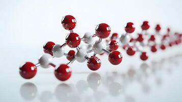 Red and white molecular protein structure displays 3D scientific model with metallic bonds, featuring spherical atoms in left-aligned composition with reflection effects. analysis photo