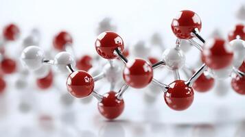 Red and white molecular protein structure displays 3D scientific model with metallic bonds, featuring spherical atoms in left-aligned composition with reflection effects. geometric photo