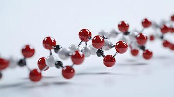 Red and white molecular protein structure displays 3D scientific model with metallic bonds, featuring spherical atoms in left-aligned composition with reflection effects. complex photo