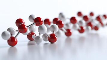 Red and white molecular protein structure displays 3D scientific model with metallic bonds, featuring spherical atoms in left-aligned composition with reflection effects. precise photo