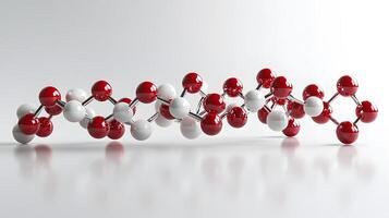 Red and white molecular protein structure displays 3D scientific model with metallic bonds, featuring spherical atoms in left-aligned composition with reflection effects. composition photo