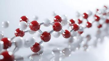 Red and white molecular protein structure displays 3D scientific model with metallic bonds, featuring spherical atoms in left-aligned composition with reflection effects. protein photo