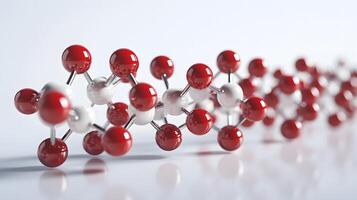 Red and white molecular protein structure displays 3D scientific model with metallic bonds, featuring spherical atoms in left-aligned composition with reflection effects. molecular photo