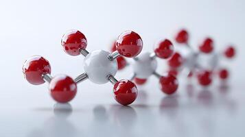 Red and white molecular protein structure displays 3D scientific model with metallic bonds, featuring spherical atoms in left-aligned composition with reflection effects. scientific photo