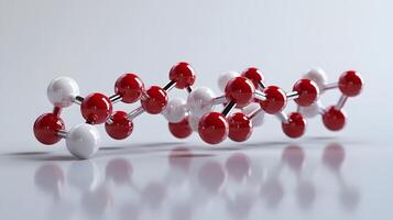 Red and white molecular protein structure displays 3D scientific model with metallic bonds, featuring spherical atoms in left-aligned composition with reflection effects. model photo