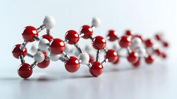 Red and white molecular protein structure displays 3D scientific model with metallic bonds, featuring spherical atoms in left-aligned composition with reflection effects. metallic photo