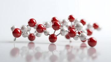 Red and white molecular protein structure displays 3D scientific model with metallic bonds, featuring spherical atoms in left-aligned composition with reflection effects. reflection photo