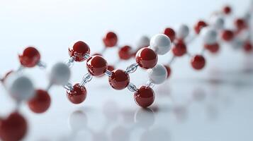 Red and white molecular protein structure displays 3D scientific model with metallic bonds, featuring spherical atoms in left-aligned composition with reflection effects. bonds photo