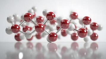 Red and white molecular protein structure displays 3D scientific model with metallic bonds, featuring spherical atoms in left-aligned composition with reflection effects. biochemistry photo