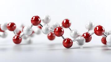 Red and white molecular protein structure displays 3D scientific model with metallic bonds, featuring spherical atoms in left-aligned composition with reflection effects. visualization photo