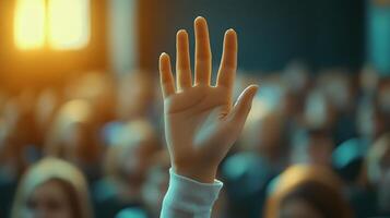 White-sleeved hand raises in classroom environment, representing participation and volunteering against blurred background with warm lighting and educational context. sharing photo