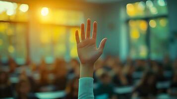 White-sleeved hand raises in classroom environment, representing participation and volunteering against blurred background with warm lighting and educational context. enthusiasm photo