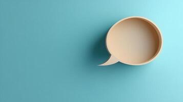 Light blue background features speech bubble cutout in paper craft style, presenting communication concept with beige balloon shape and soft shadow effects. minimal photo